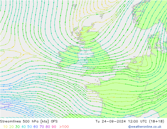 Linia prądu 500 hPa GFS wto. 24.09.2024 12 UTC