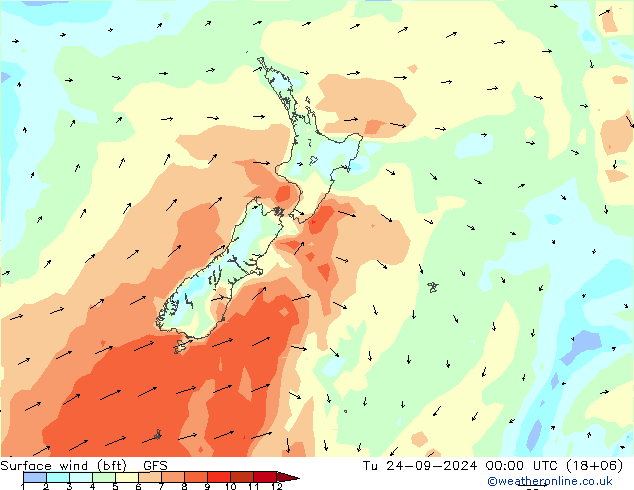 Surface wind (bft) GFS Tu 24.09.2024 00 UTC