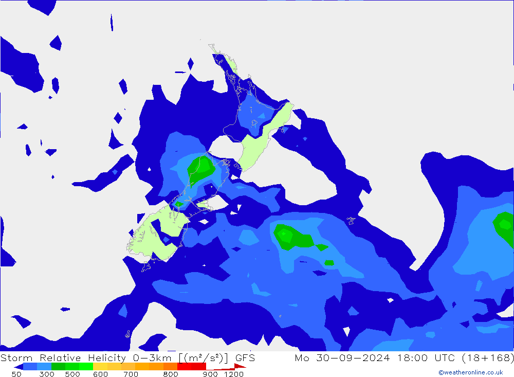 Storm Relative Helicity GFS Mo 30.09.2024 18 UTC