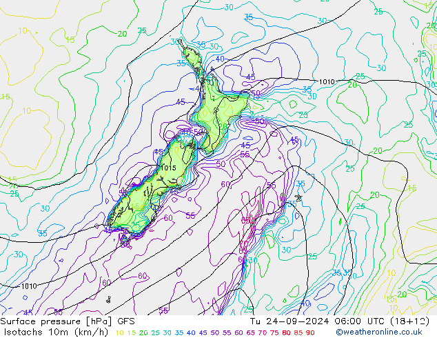 Isotachs (kph) GFS вт 24.09.2024 06 UTC