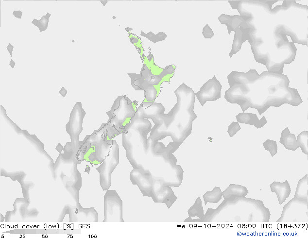 Cloud cover (low) GFS We 09.10.2024 06 UTC