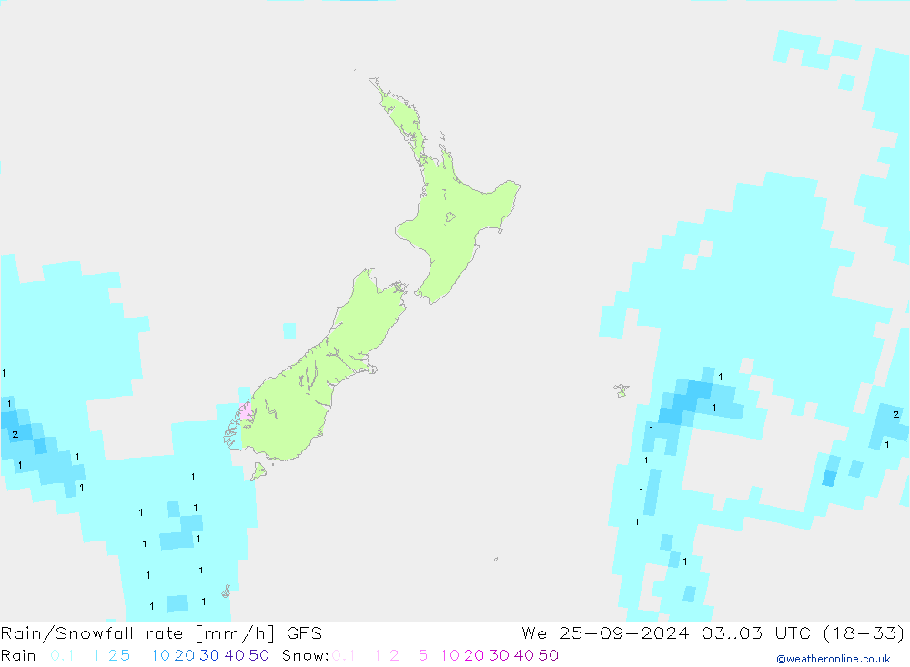 Rain/Snowfall rate GFS mer 25.09.2024 03 UTC