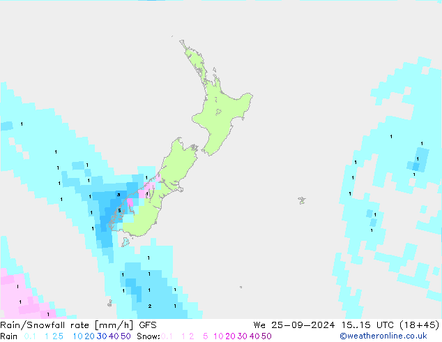 Rain/Snowfall rate GFS Qua 25.09.2024 15 UTC