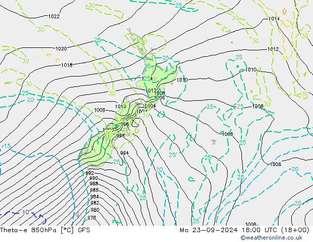 Theta-e 850hPa GFS pon. 23.09.2024 18 UTC