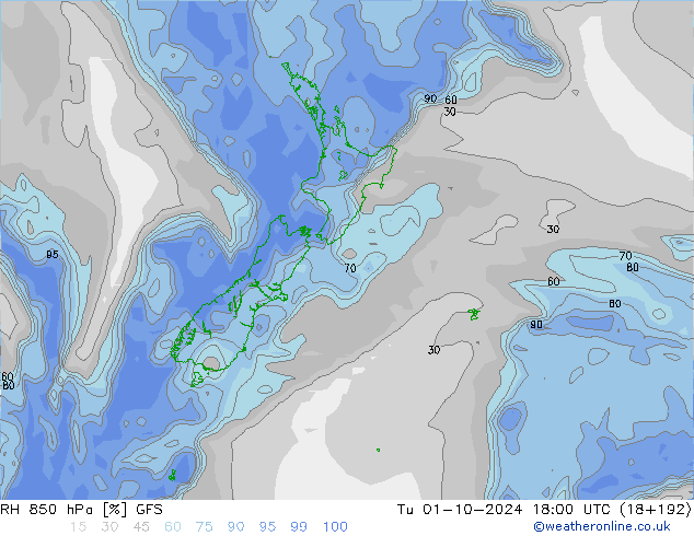 RH 850 hPa GFS Út 01.10.2024 18 UTC