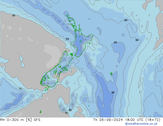 RH 0-300 m GFS  26.09.2024 18 UTC