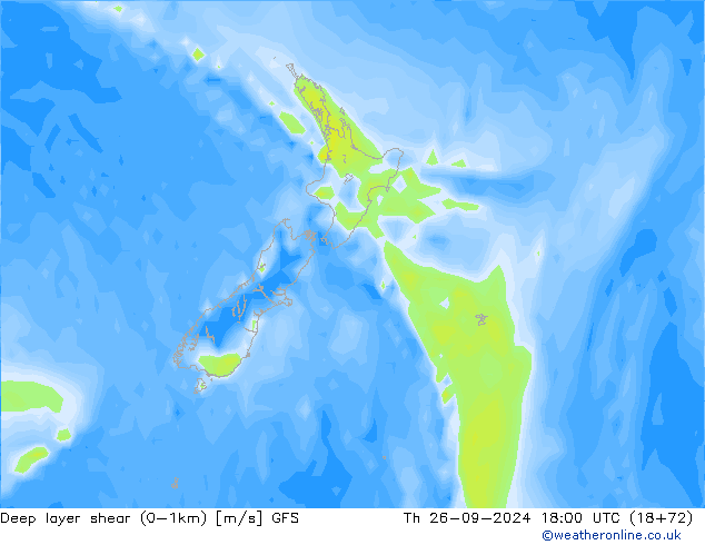 Deep layer shear (0-1km) GFS do 26.09.2024 18 UTC