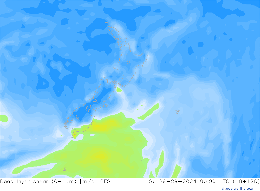 Deep layer shear (0-1km) GFS Su 29.09.2024 00 UTC