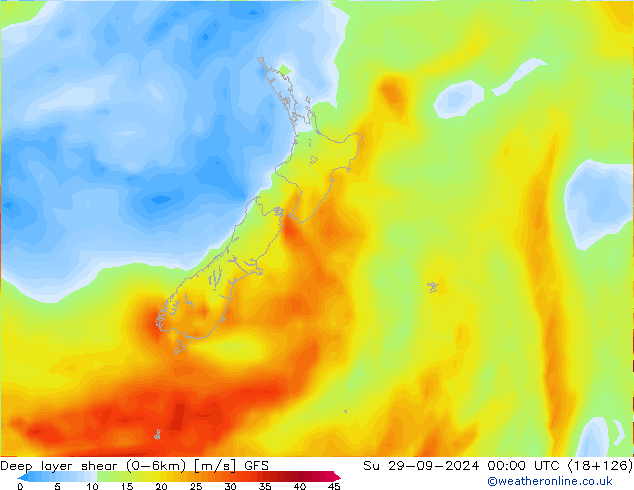 Deep layer shear (0-6km) GFS nie. 29.09.2024 00 UTC