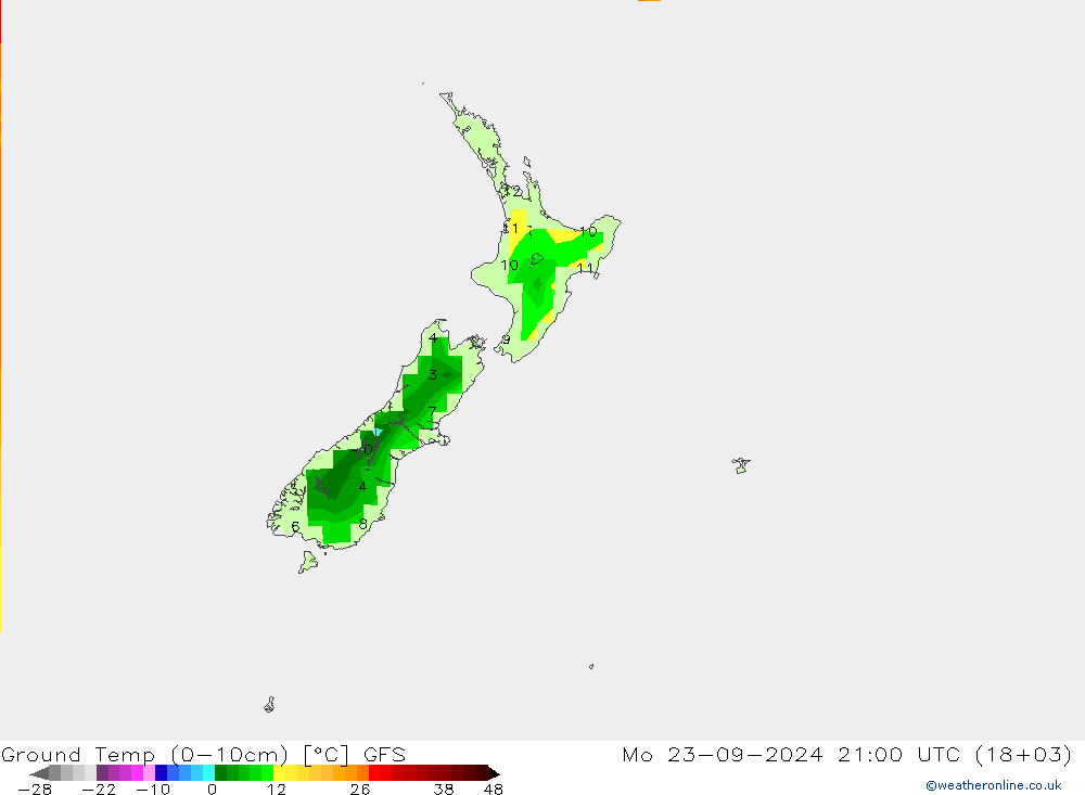 Ground Temp (0-10cm) GFS Mo 23.09.2024 21 UTC