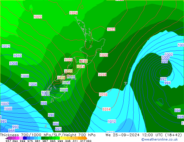 Thck 700-1000 hPa GFS mer 25.09.2024 12 UTC