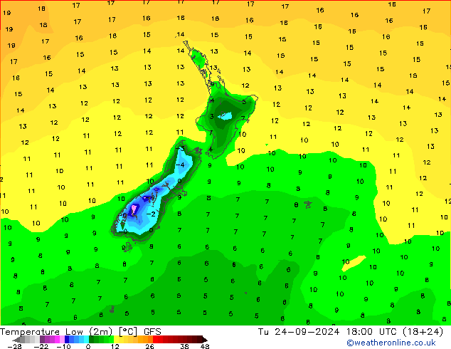 Temperature Low (2m) GFS Tu 24.09.2024 18 UTC