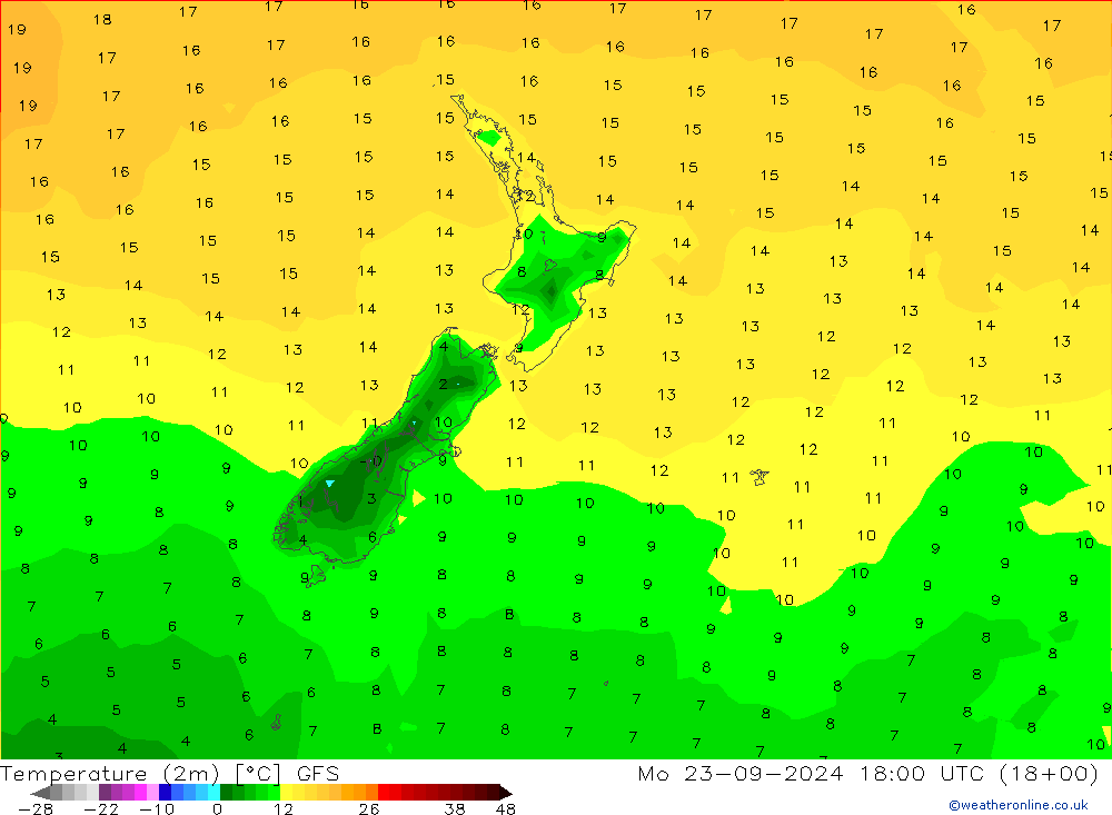 Temperature (2m) GFS Mo 23.09.2024 18 UTC