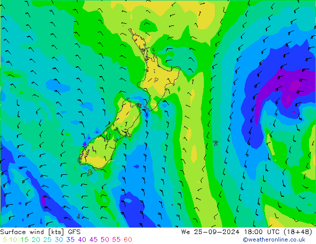 Vent 10 m GFS mer 25.09.2024 18 UTC