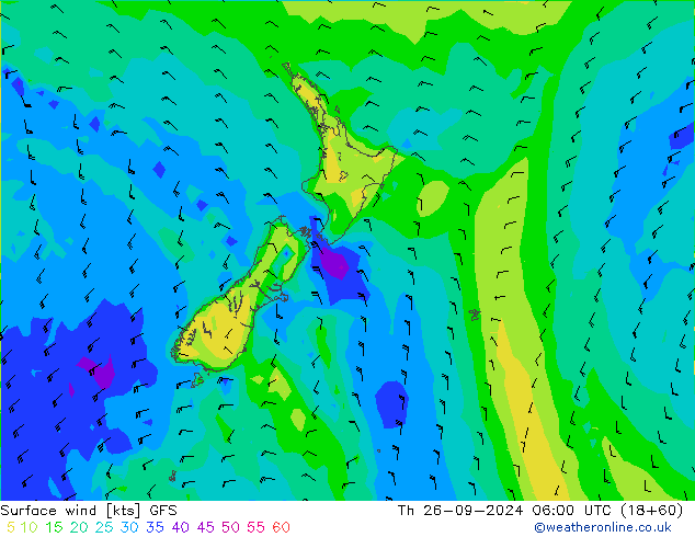 Viento 10 m GFS jue 26.09.2024 06 UTC