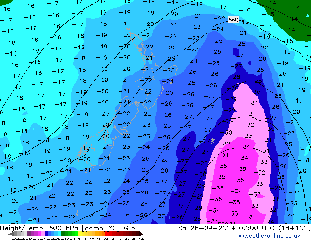 Height/Temp. 500 hPa GFS so. 28.09.2024 00 UTC