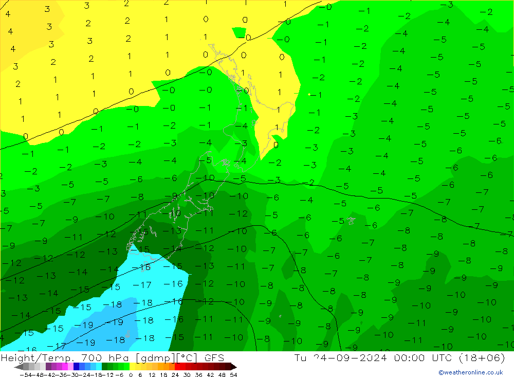 Height/Temp. 700 гПа GFS вт 24.09.2024 00 UTC