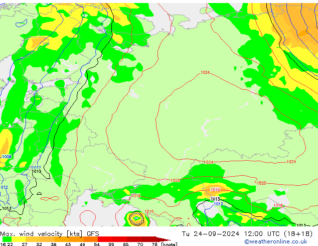 Max. wind velocity GFS вт 24.09.2024 12 UTC