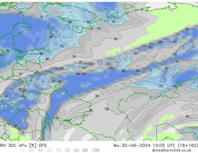 RH 300 hPa GFS pon. 30.09.2024 12 UTC