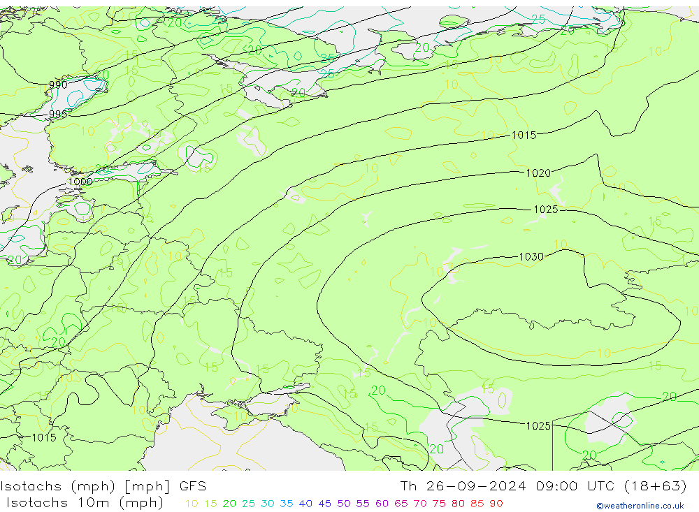 Isotachs (mph) GFS jeu 26.09.2024 09 UTC