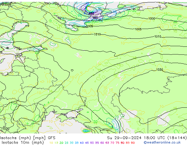 Isotachen (mph) GFS So 29.09.2024 18 UTC