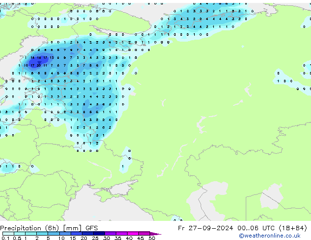 Precipitation (6h) GFS Fr 27.09.2024 06 UTC