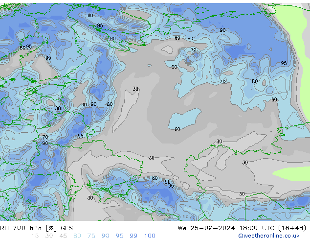 RH 700 hPa GFS We 25.09.2024 18 UTC