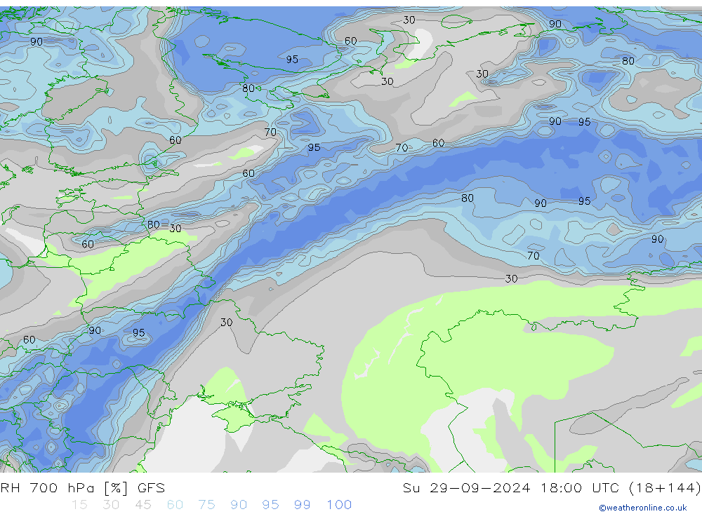 RH 700 hPa GFS Su 29.09.2024 18 UTC