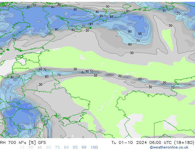 RH 700 гПа GFS вт 01.10.2024 06 UTC