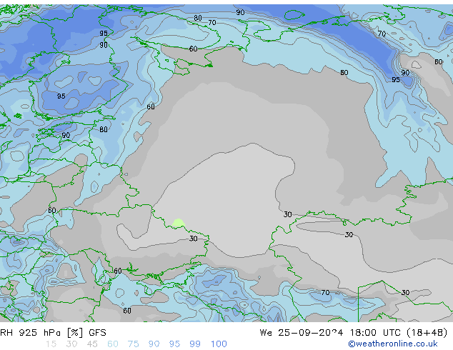 RH 925 hPa GFS We 25.09.2024 18 UTC