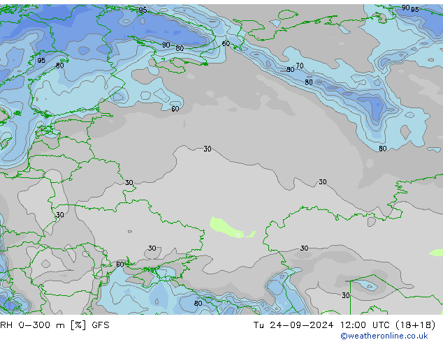 RH 0-300 m GFS Út 24.09.2024 12 UTC