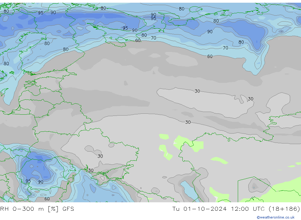 RH 0-300 m GFS Tu 01.10.2024 12 UTC