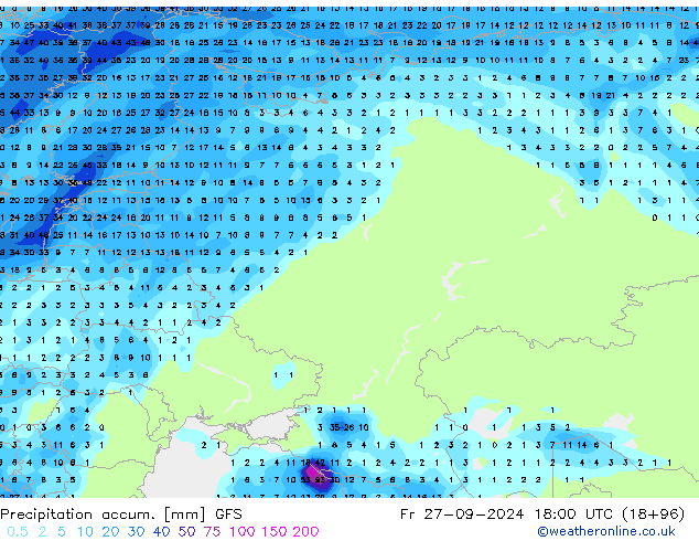 Precipitation accum. GFS ven 27.09.2024 18 UTC