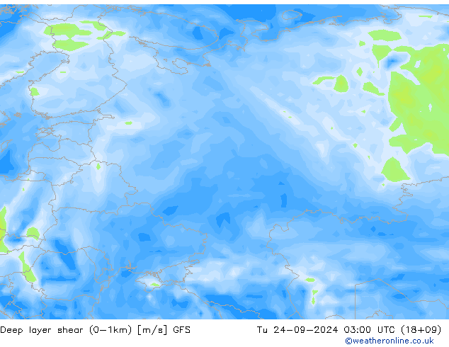 Deep layer shear (0-1km) GFS Tu 24.09.2024 03 UTC