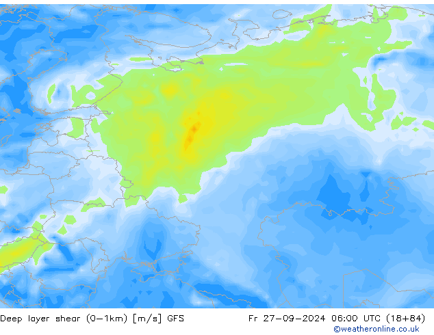 Deep layer shear (0-1km) GFS pt. 27.09.2024 06 UTC