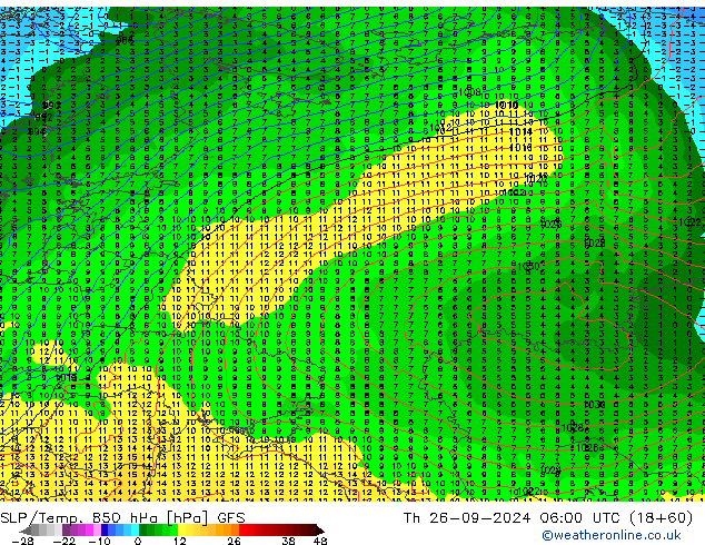 SLP/Temp. 850 hPa GFS Th 26.09.2024 06 UTC