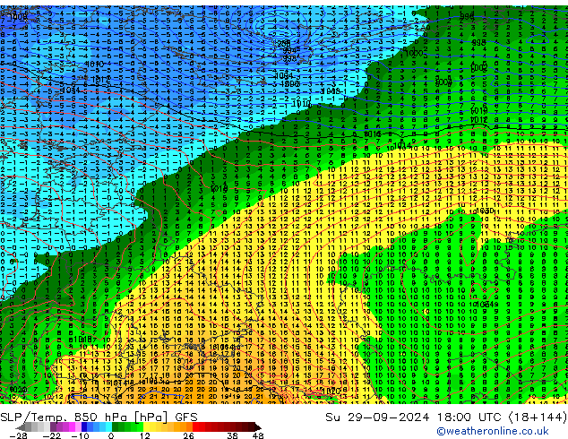 SLP/Temp. 850 hPa GFS Su 29.09.2024 18 UTC