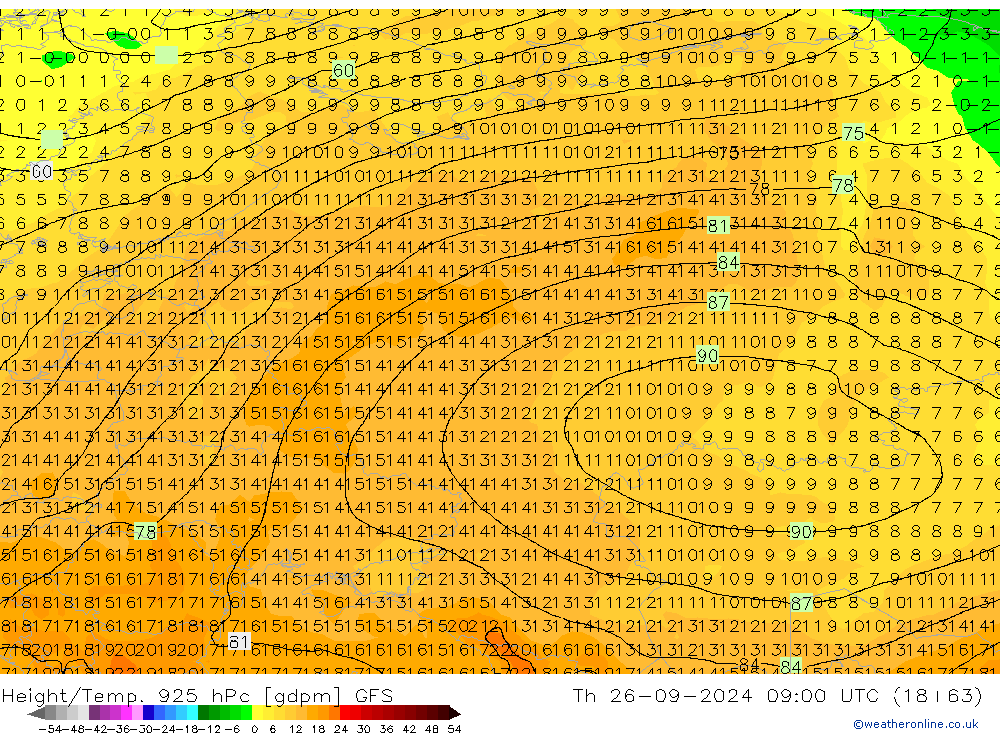 Geop./Temp. 925 hPa GFS jue 26.09.2024 09 UTC