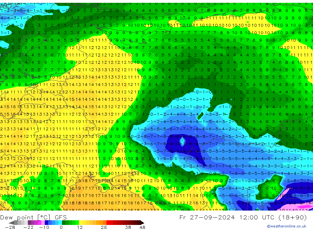 Ponto de orvalho GFS Sex 27.09.2024 12 UTC