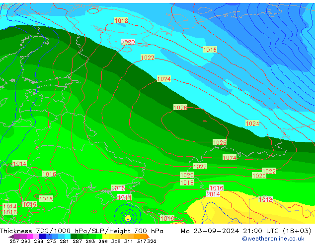 Thck 700-1000 гПа GFS пн 23.09.2024 21 UTC