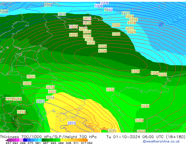 Thck 700-1000 hPa GFS Tu 01.10.2024 06 UTC