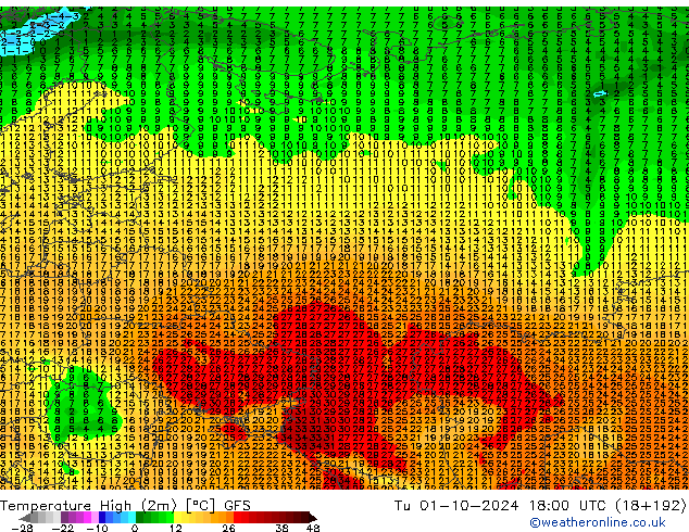 Maksimum Değer (2m) GFS Sa 01.10.2024 18 UTC