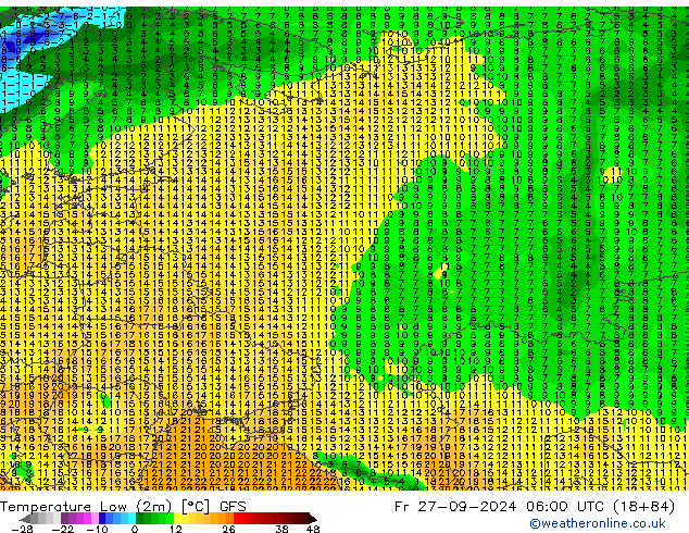 Темпер. мин. (2т) GFS пт 27.09.2024 06 UTC