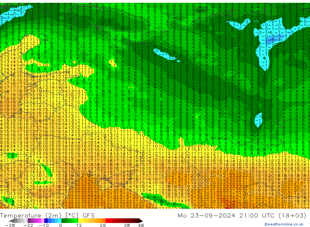 Temperatura (2m) GFS lun 23.09.2024 21 UTC