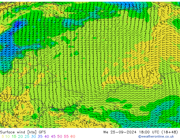 Vento 10 m GFS mer 25.09.2024 18 UTC