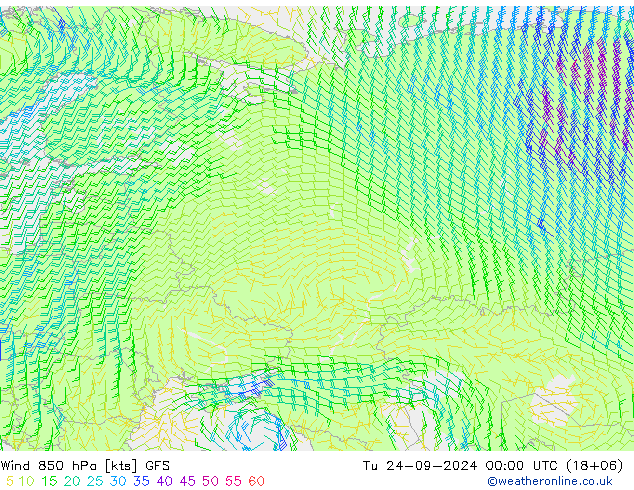 Wind 850 hPa GFS Tu 24.09.2024 00 UTC