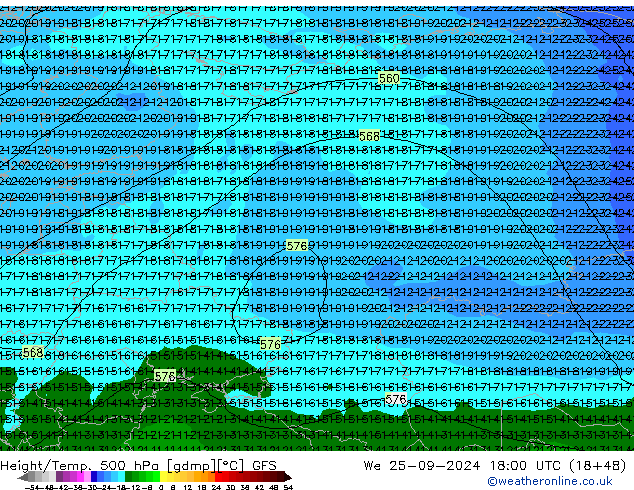 Z500/Rain (+SLP)/Z850 GFS śro. 25.09.2024 18 UTC