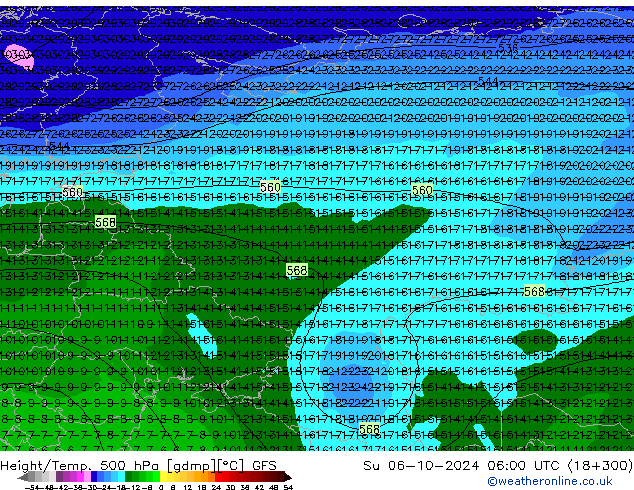 Hoogte/Temp. 500 hPa GFS zo 06.10.2024 06 UTC