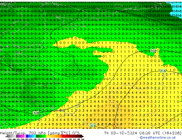 Height/Temp. 700 гПа GFS чт 03.10.2024 06 UTC