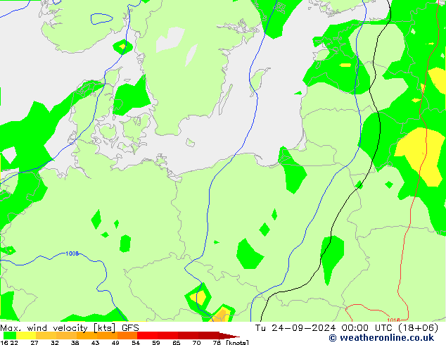 Max. wind velocity GFS Út 24.09.2024 00 UTC